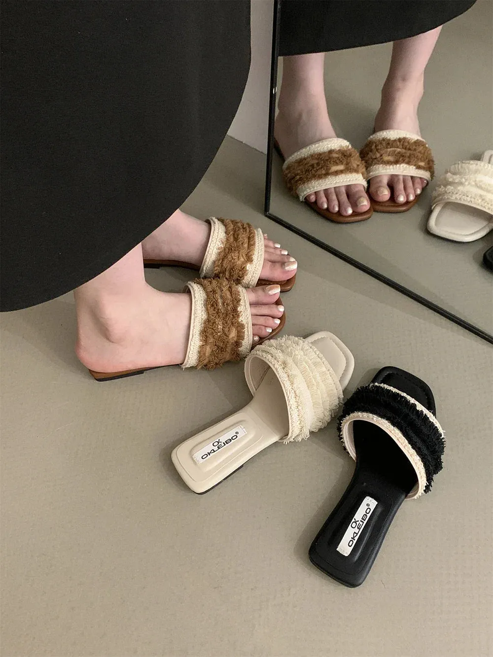 binfenxie  -  Brown Beige Black Women Slippers Summer Outside Mules Shoes Party Dress Shoes Low Flat Heels Shallow Slip On Beach Shoes Lace