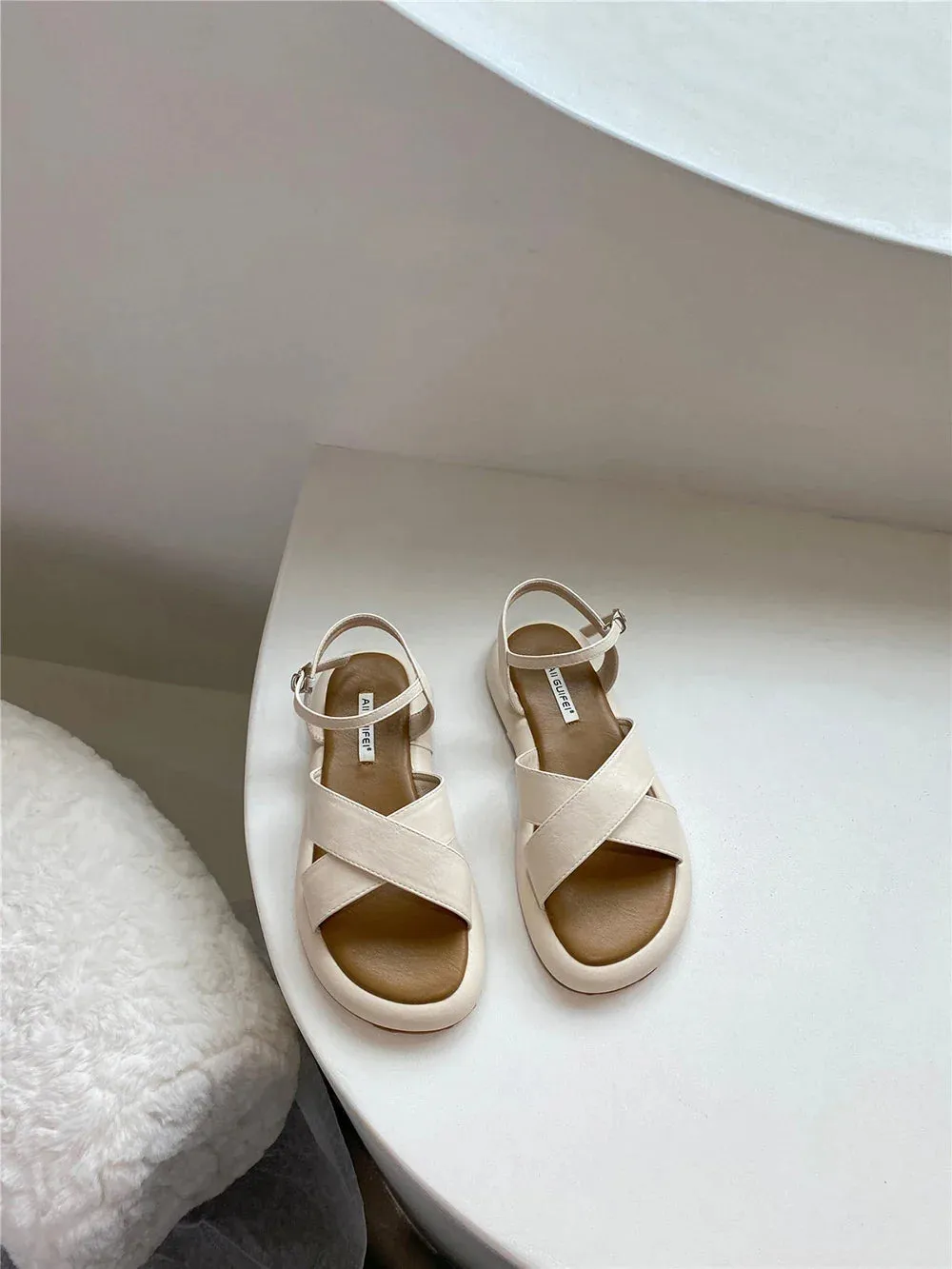 binfenxie  -  Fashion Women Sandals Cross Strap Summer Dress Shoes Flat Low Heels Ankle Strap Party Sandals Cross Tied Belt Buckle Size 35-40