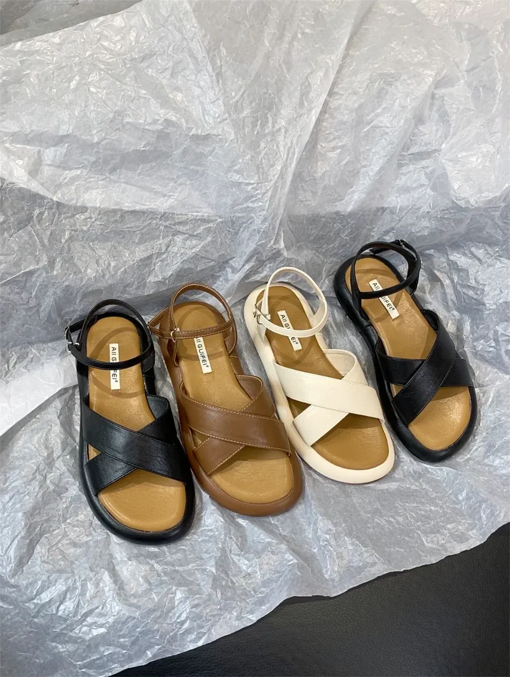 binfenxie  -  Fashion Women Sandals Cross Strap Summer Dress Shoes Flat Low Heels Ankle Strap Party Sandals Cross Tied Belt Buckle Size 35-40