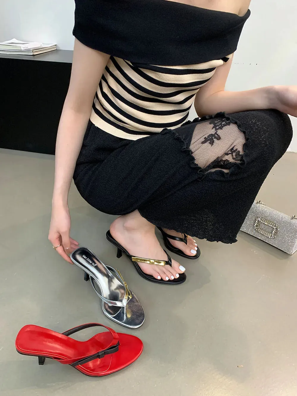 binfenxie  -  Fashion Women Sandals Slides Slippers Black Red Silver Summer Outside Mules Shoes Stieltto Thin High Heels Party Pumps Elegant