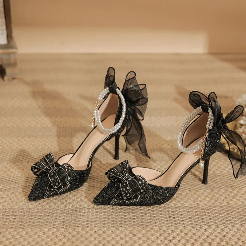 binfenxie  -  Size 34-40 Black High Heels Women's Stiletto Heel Pointed Pearls Buckle Bow Fashionable Thin Heel Party Dress Shoes