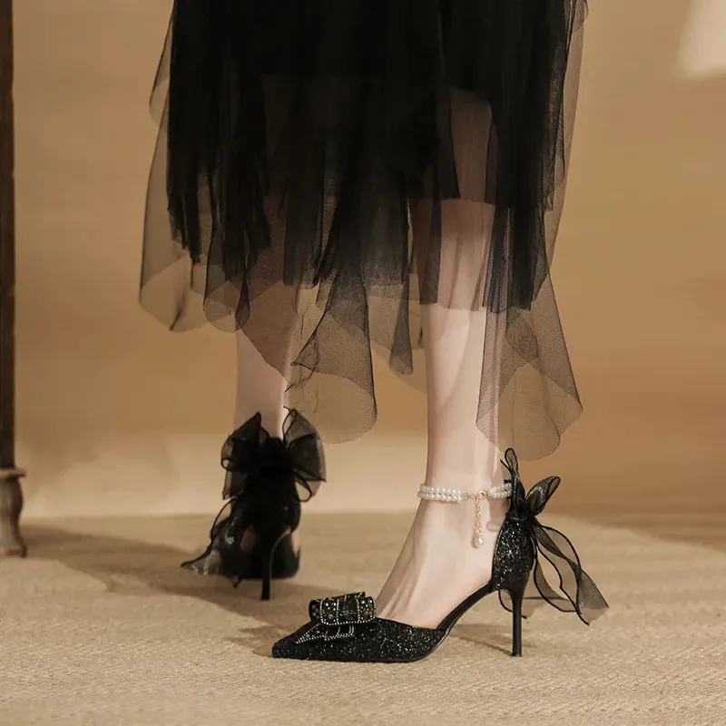 binfenxie  -  Size 34-40 Black High Heels Women's Stiletto Heel Pointed Pearls Buckle Bow Fashionable Thin Heel Party Dress Shoes